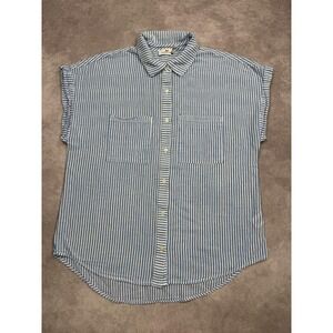 Vineyard Vines Shirt Womens Medium Blue White Striped Cotton Short Sleeve Blouse